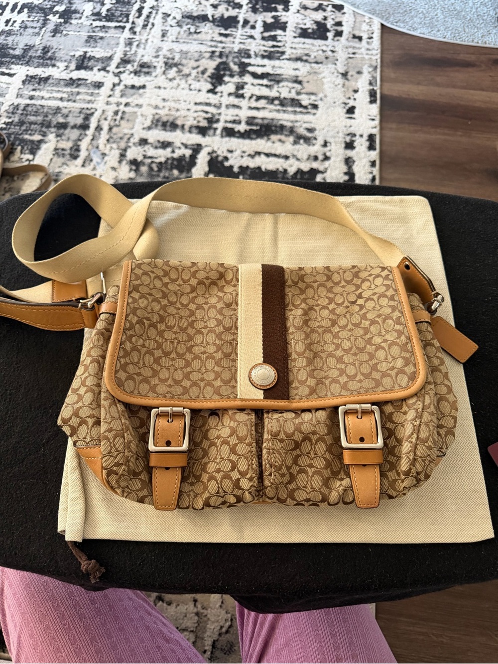 Coach Beige/Tan Signature Canvas Messenger Bag with Leather Trim